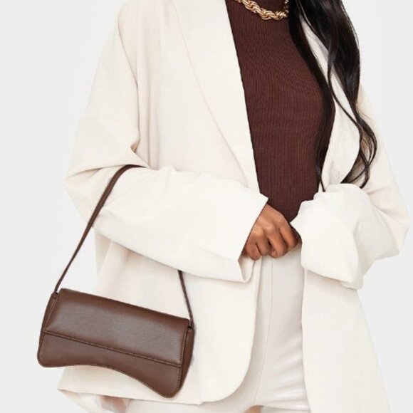 Pretty Little Thing Women's Chocolate PU Flap Over Baguette Shoulder Bag - OS - Picture 1 of 7